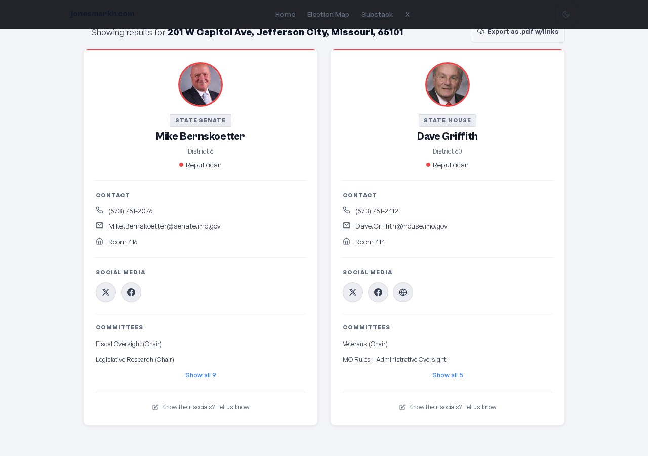Legislator search results showing senator and representative cards with contact info and social media