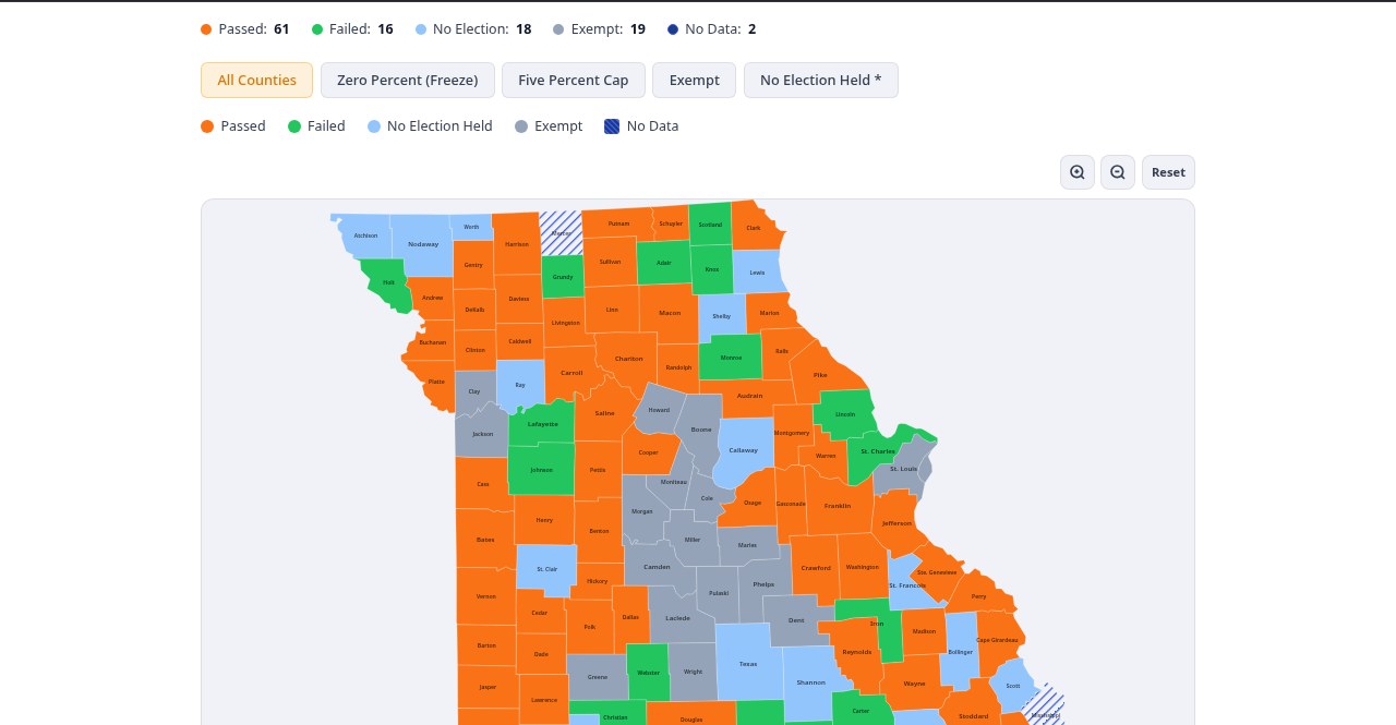 Interactive county map showing SB3 vote results across Missouri